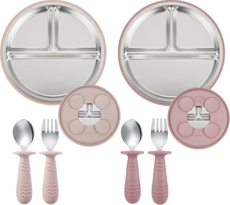 PandaEar 2 Pack Stainless Steel Baby Suction Plates & 2 Pack Spoons and Forks Set, Toddler Utensils Baby Feeding Set, Divided Plates for Baby Led Weaning Supplies, BPA-Free (Pink) - Image 1